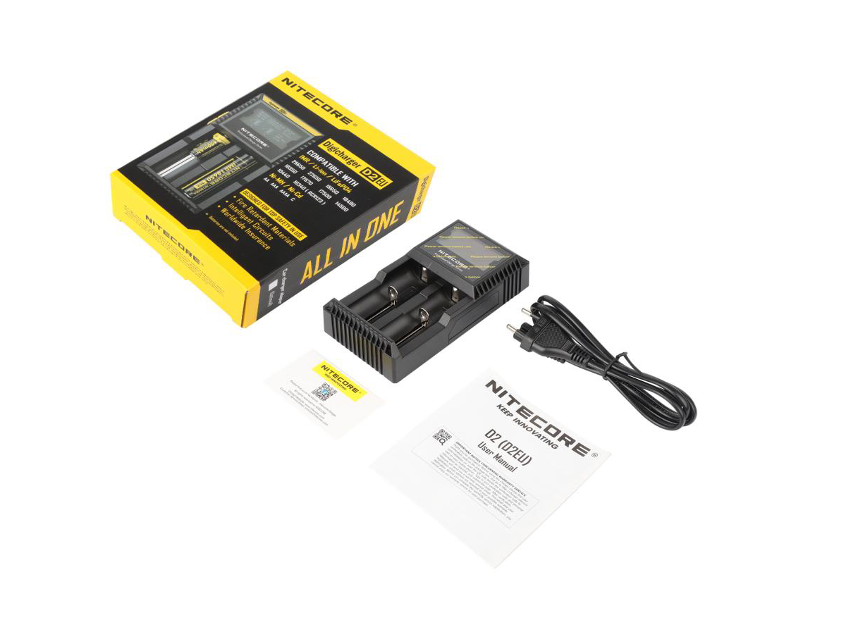 Cargador NITECORE D2 de 2 canales, ideal para cargar baterías recargables en proyectos electrónicos.